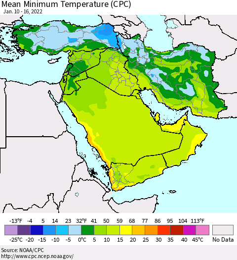 Middle East and Turkey Mean Minimum Temperature (CPC) Thematic Map For 1/10/2022 - 1/16/2022