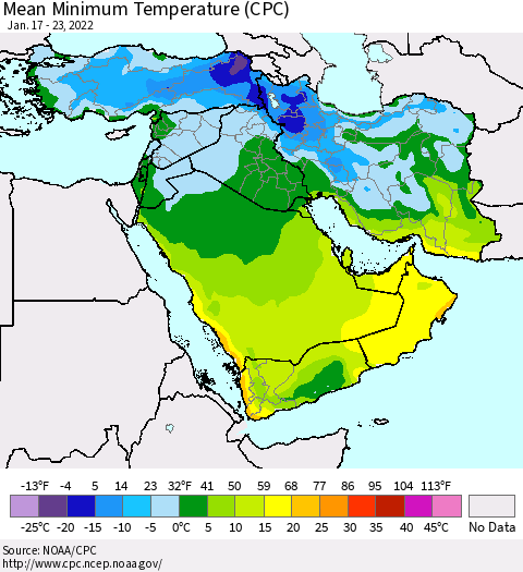 Middle East and Turkey Mean Minimum Temperature (CPC) Thematic Map For 1/17/2022 - 1/23/2022