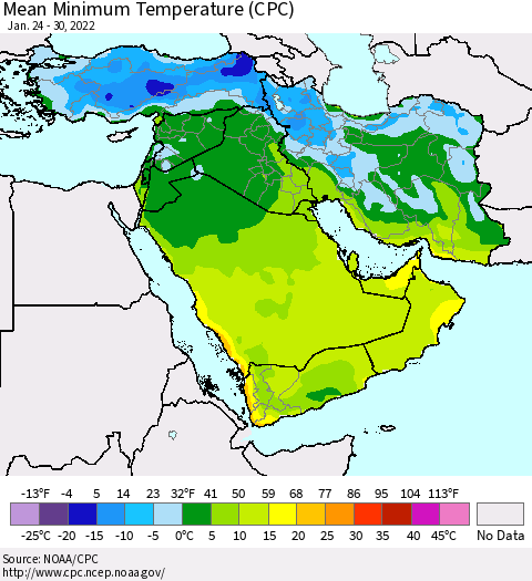 Middle East and Turkey Mean Minimum Temperature (CPC) Thematic Map For 1/24/2022 - 1/30/2022