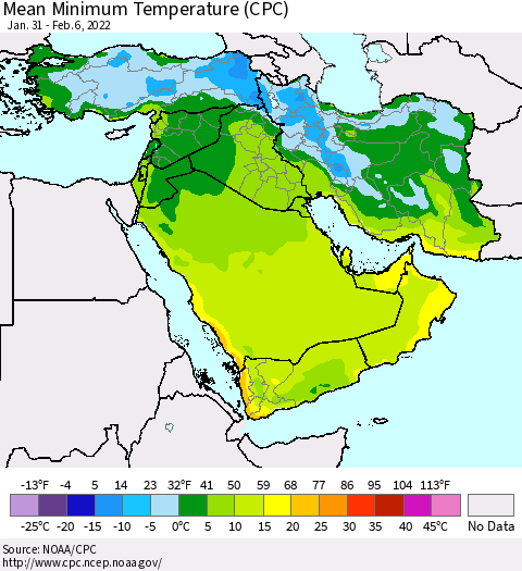 Middle East and Turkey Mean Minimum Temperature (CPC) Thematic Map For 1/31/2022 - 2/6/2022