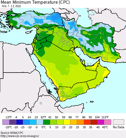 Middle East and Turkey Mean Minimum Temperature (CPC) Thematic Map For 2/7/2022 - 2/13/2022