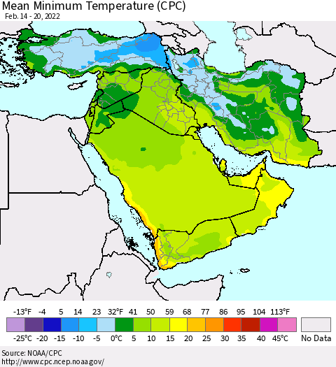 Middle East and Turkey Mean Minimum Temperature (CPC) Thematic Map For 2/14/2022 - 2/20/2022