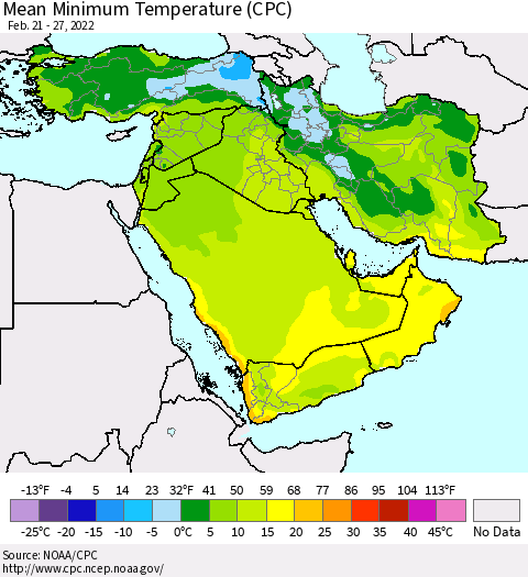 Middle East and Turkey Mean Minimum Temperature (CPC) Thematic Map For 2/21/2022 - 2/27/2022