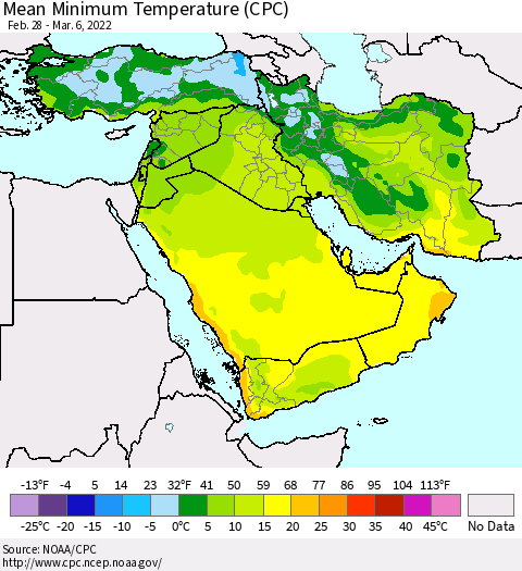 Middle East and Turkey Mean Minimum Temperature (CPC) Thematic Map For 2/28/2022 - 3/6/2022