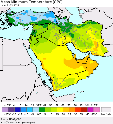 Middle East and Turkey Mean Minimum Temperature (CPC) Thematic Map For 3/7/2022 - 3/13/2022