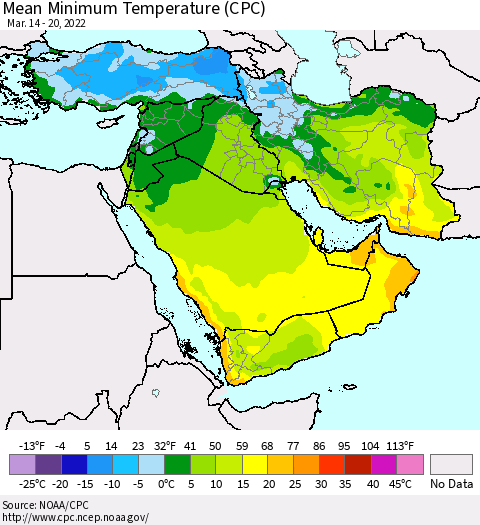 Middle East and Turkey Mean Minimum Temperature (CPC) Thematic Map For 3/14/2022 - 3/20/2022