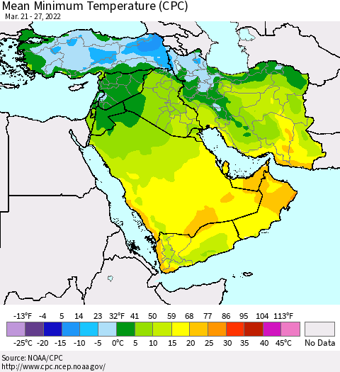 Middle East and Turkey Mean Minimum Temperature (CPC) Thematic Map For 3/21/2022 - 3/27/2022
