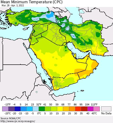 Middle East and Turkey Mean Minimum Temperature (CPC) Thematic Map For 3/28/2022 - 4/3/2022