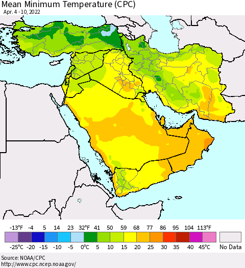 Middle East and Turkey Mean Minimum Temperature (CPC) Thematic Map For 4/4/2022 - 4/10/2022