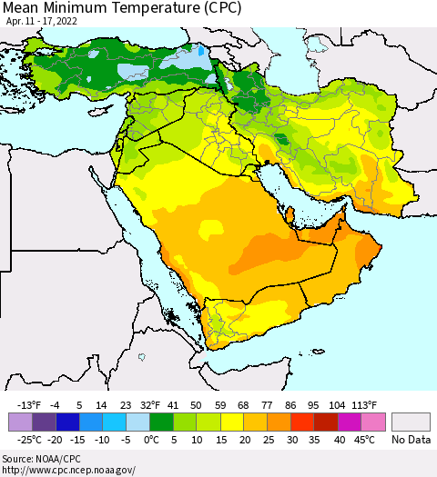 Middle East and Turkey Mean Minimum Temperature (CPC) Thematic Map For 4/11/2022 - 4/17/2022