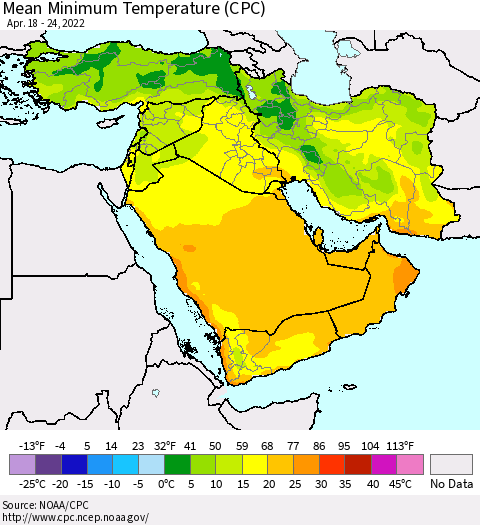 Middle East and Turkey Mean Minimum Temperature (CPC) Thematic Map For 4/18/2022 - 4/24/2022