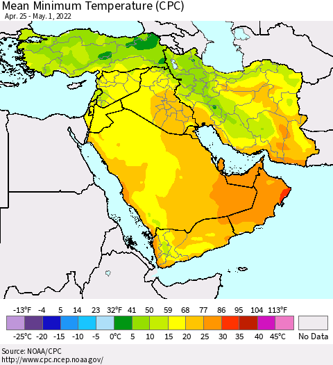 Middle East and Turkey Mean Minimum Temperature (CPC) Thematic Map For 4/25/2022 - 5/1/2022
