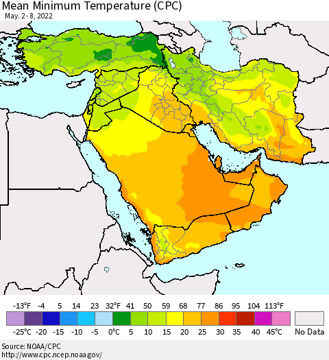 Middle East and Turkey Mean Minimum Temperature (CPC) Thematic Map For 5/2/2022 - 5/8/2022