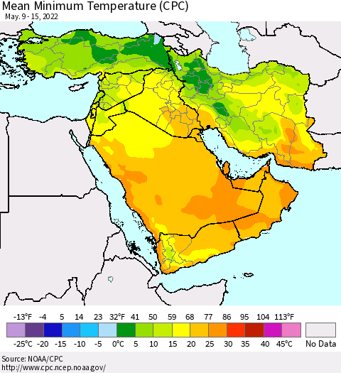 Middle East and Turkey Mean Minimum Temperature (CPC) Thematic Map For 5/9/2022 - 5/15/2022