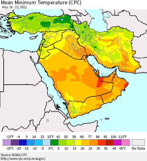 Middle East and Turkey Mean Minimum Temperature (CPC) Thematic Map For 5/16/2022 - 5/22/2022