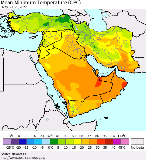 Middle East and Turkey Mean Minimum Temperature (CPC) Thematic Map For 5/23/2022 - 5/29/2022