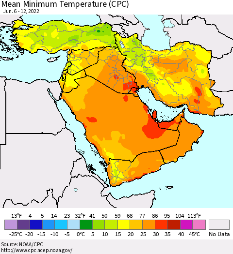 Middle East and Turkey Mean Minimum Temperature (CPC) Thematic Map For 6/6/2022 - 6/12/2022