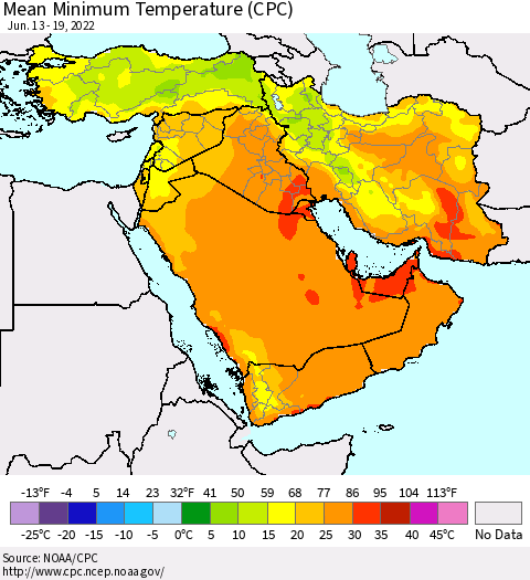 Middle East and Turkey Mean Minimum Temperature (CPC) Thematic Map For 6/13/2022 - 6/19/2022