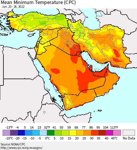 Middle East and Turkey Mean Minimum Temperature (CPC) Thematic Map For 6/20/2022 - 6/26/2022