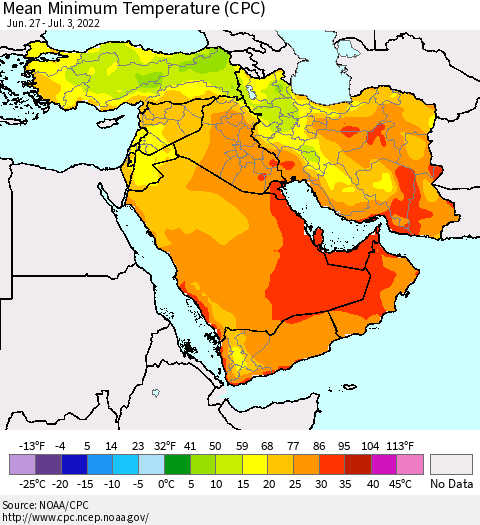 Middle East and Turkey Mean Minimum Temperature (CPC) Thematic Map For 6/27/2022 - 7/3/2022