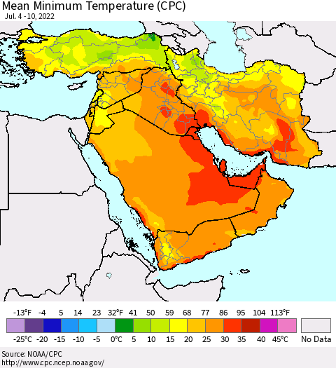 Middle East and Turkey Mean Minimum Temperature (CPC) Thematic Map For 7/4/2022 - 7/10/2022