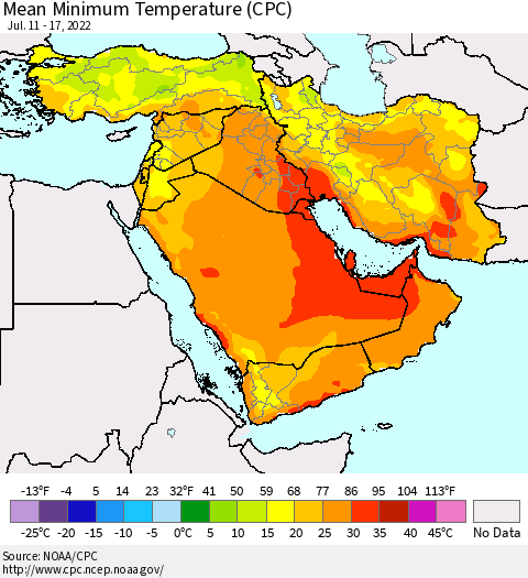 Middle East and Turkey Mean Minimum Temperature (CPC) Thematic Map For 7/11/2022 - 7/17/2022