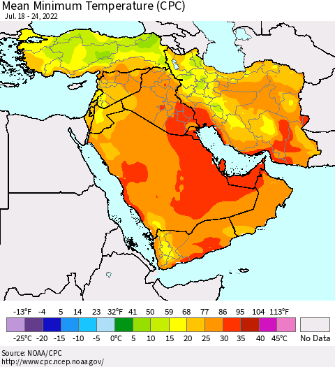 Middle East and Turkey Mean Minimum Temperature (CPC) Thematic Map For 7/18/2022 - 7/24/2022