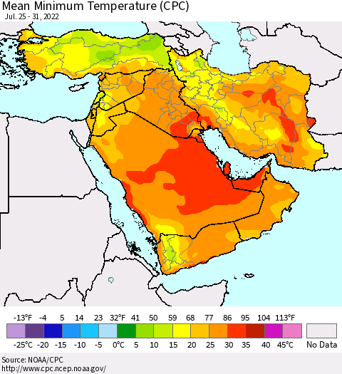 Middle East and Turkey Mean Minimum Temperature (CPC) Thematic Map For 7/25/2022 - 7/31/2022