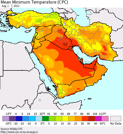Middle East and Turkey Mean Minimum Temperature (CPC) Thematic Map For 8/1/2022 - 8/7/2022
