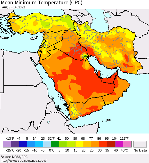 Middle East and Turkey Mean Minimum Temperature (CPC) Thematic Map For 8/8/2022 - 8/14/2022