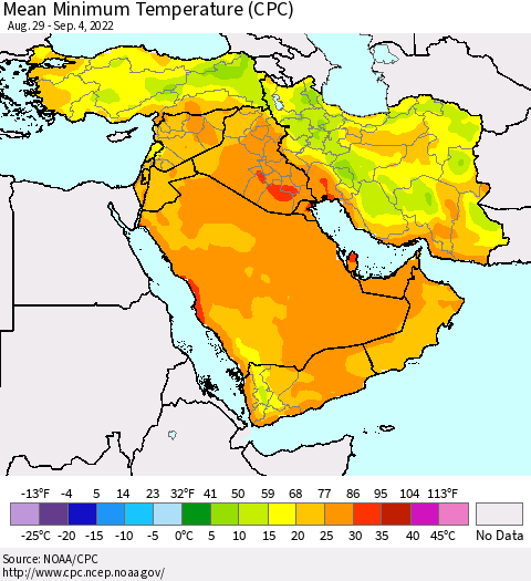 Middle East and Turkey Mean Minimum Temperature (CPC) Thematic Map For 8/29/2022 - 9/4/2022