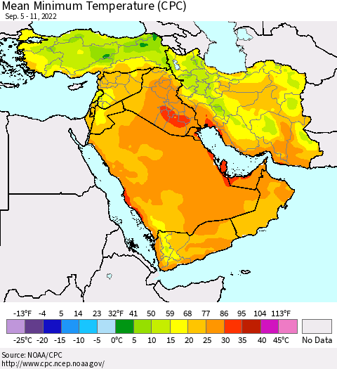 Middle East and Turkey Mean Minimum Temperature (CPC) Thematic Map For 9/5/2022 - 9/11/2022