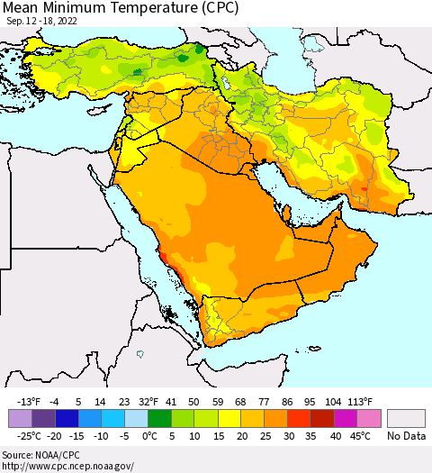 Middle East and Turkey Mean Minimum Temperature (CPC) Thematic Map For 9/12/2022 - 9/18/2022