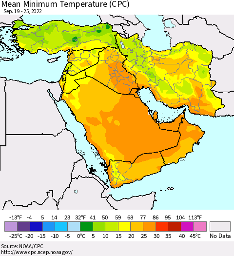 Middle East and Turkey Mean Minimum Temperature (CPC) Thematic Map For 9/19/2022 - 9/25/2022