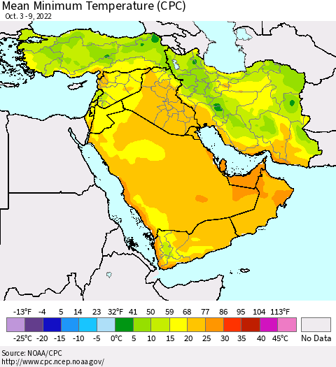 Middle East and Turkey Mean Minimum Temperature (CPC) Thematic Map For 10/3/2022 - 10/9/2022