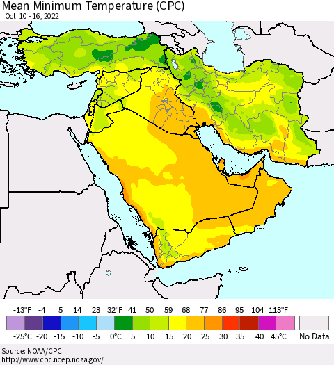 Middle East and Turkey Mean Minimum Temperature (CPC) Thematic Map For 10/10/2022 - 10/16/2022
