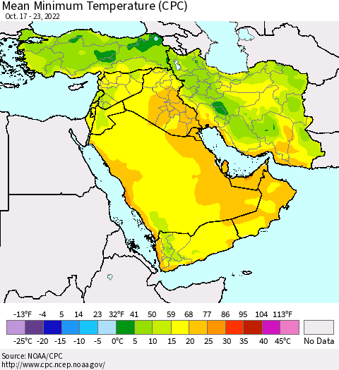 Middle East and Turkey Mean Minimum Temperature (CPC) Thematic Map For 10/17/2022 - 10/23/2022