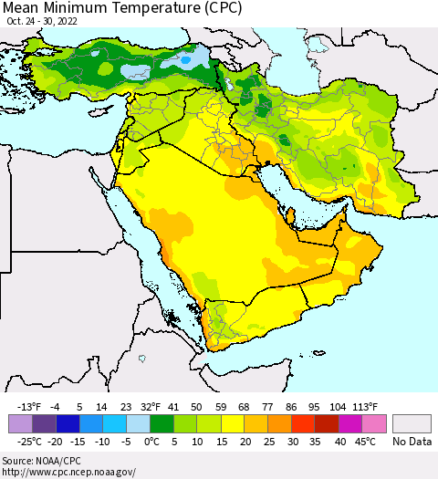 Middle East and Turkey Mean Minimum Temperature (CPC) Thematic Map For 10/24/2022 - 10/30/2022