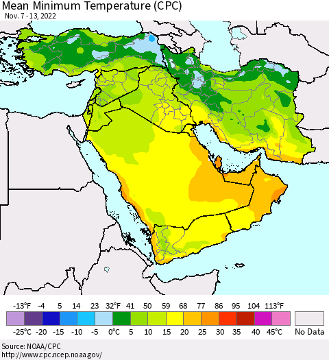 Middle East and Turkey Mean Minimum Temperature (CPC) Thematic Map For 11/7/2022 - 11/13/2022