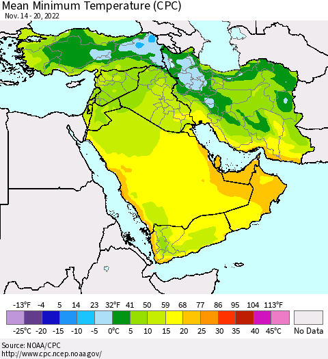 Middle East and Turkey Mean Minimum Temperature (CPC) Thematic Map For 11/14/2022 - 11/20/2022
