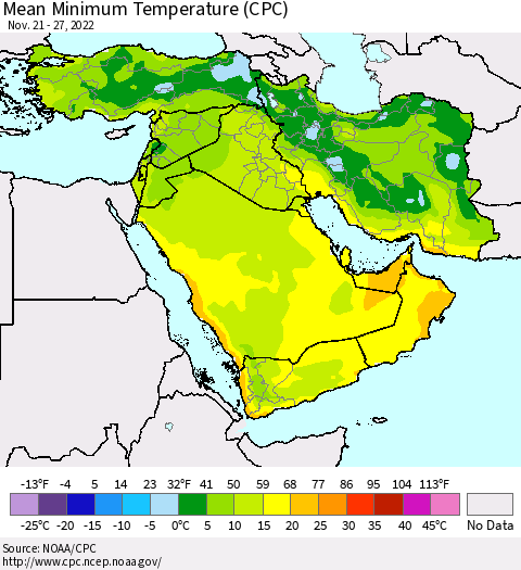 Middle East and Turkey Mean Minimum Temperature (CPC) Thematic Map For 11/21/2022 - 11/27/2022