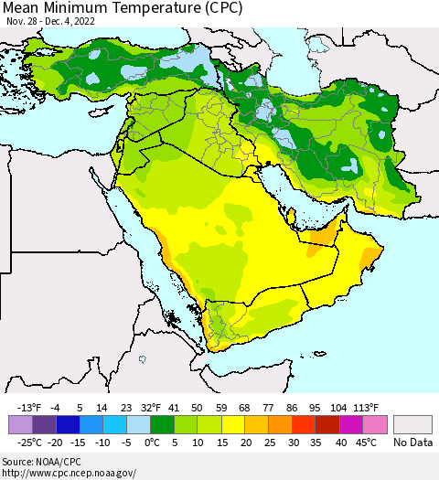 Middle East and Turkey Mean Minimum Temperature (CPC) Thematic Map For 11/28/2022 - 12/4/2022