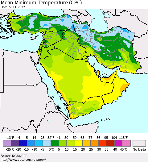Middle East and Turkey Mean Minimum Temperature (CPC) Thematic Map For 12/5/2022 - 12/11/2022