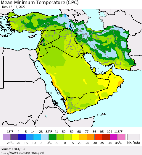 Middle East and Turkey Mean Minimum Temperature (CPC) Thematic Map For 12/12/2022 - 12/18/2022