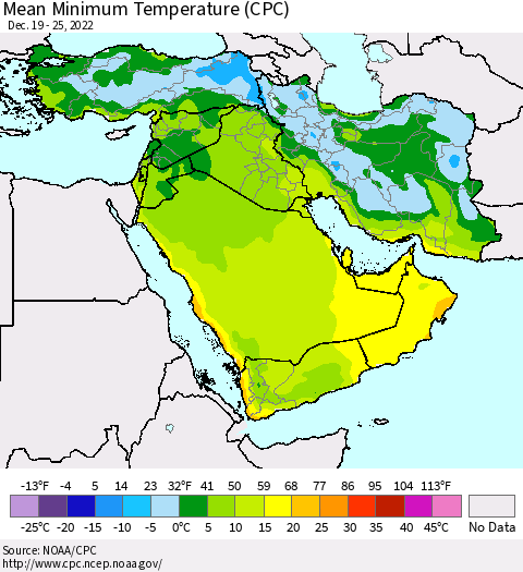 Middle East and Turkey Mean Minimum Temperature (CPC) Thematic Map For 12/19/2022 - 12/25/2022
