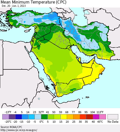 Middle East and Turkey Mean Minimum Temperature (CPC) Thematic Map For 12/26/2022 - 1/1/2023
