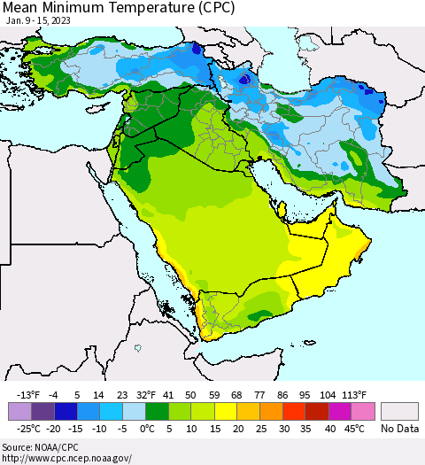 Middle East and Turkey Mean Minimum Temperature (CPC) Thematic Map For 1/9/2023 - 1/15/2023