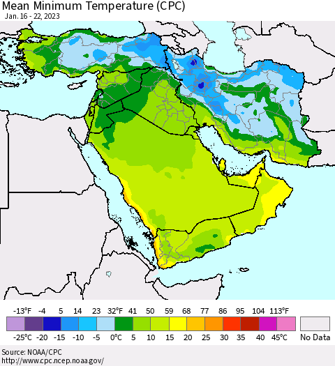 Middle East and Turkey Mean Minimum Temperature (CPC) Thematic Map For 1/16/2023 - 1/22/2023