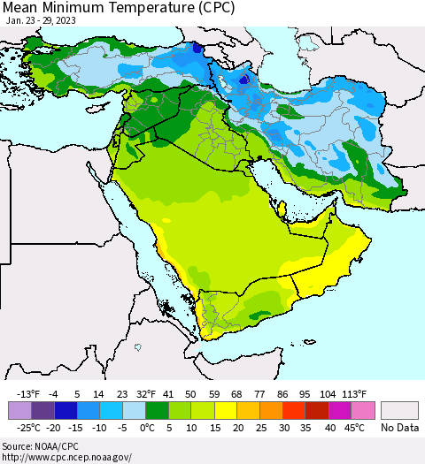 Middle East and Turkey Mean Minimum Temperature (CPC) Thematic Map For 1/23/2023 - 1/29/2023