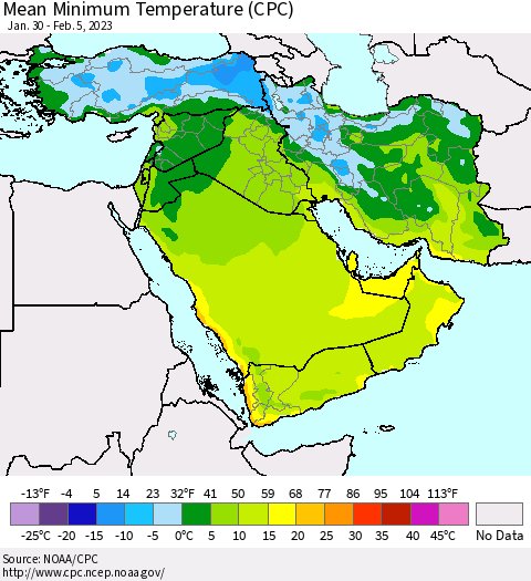 Middle East and Turkey Mean Minimum Temperature (CPC) Thematic Map For 1/30/2023 - 2/5/2023